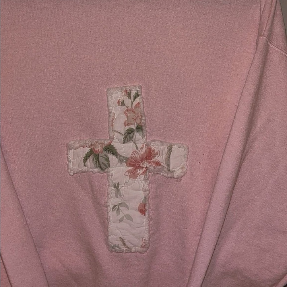 Light Pink Sweatshirt with Floral Quilted Cross